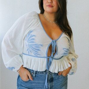 Sheer White and Blue Tie-Front Blouse by FreePeople